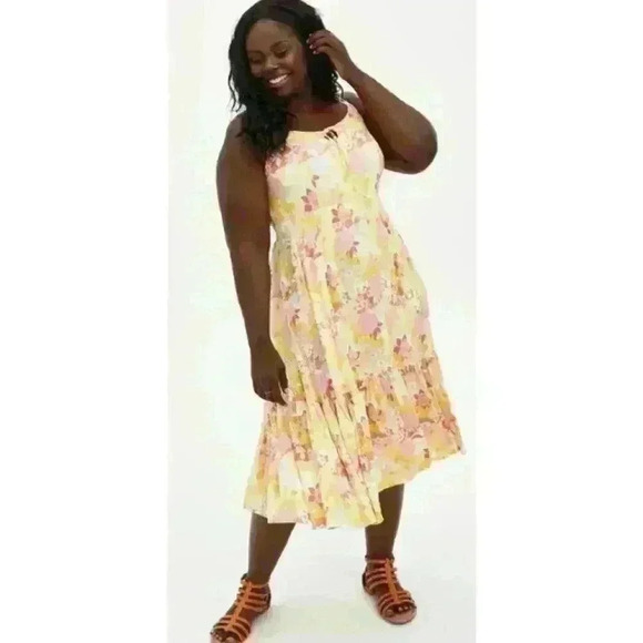 Torrid Midi Super‎ Soft Tiered Floral Peach Spaghetti Strap Dress w/ Pockets 2X - Picture 1 of 10